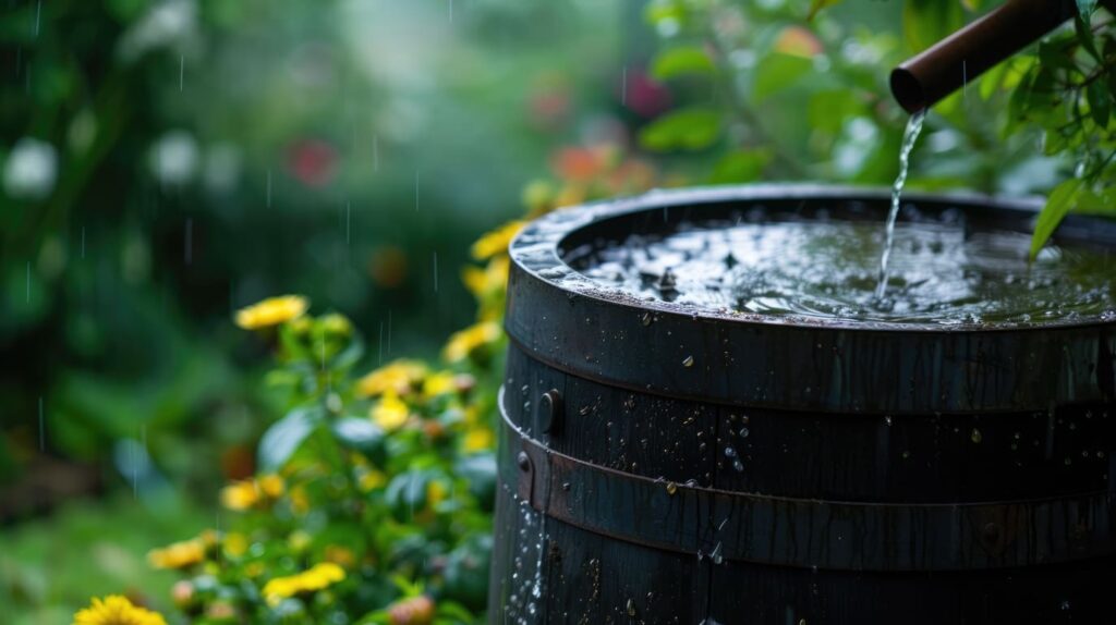 Nahaufnahme einer Zisterne im Garten, die Regenwasser sammelt und zur nachhaltigen Bewässerung von Pflanzen genutzt wird.