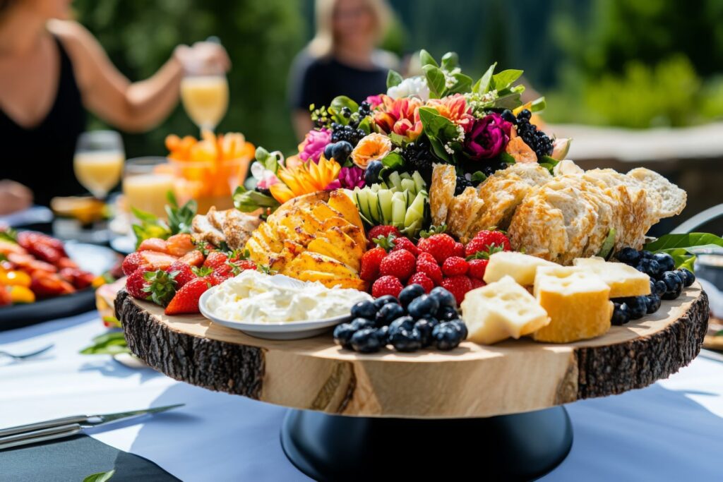 Ein rustikales Holztablett mit einer Auswahl an frischen Früchten, Käse, Brot und cremigen Dips, arrangiert für einen eleganten Brunch im Freien. Das Bild zeigt einen üppigen und stilvollen Gourmet-Moment in der Natur.