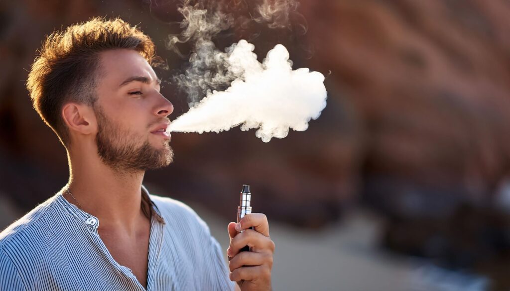 Ein Mann genießt eine entspannte Vape-Pause im Freien, während er einen dichten Dampfwolken ausbläst. Das Bild vermittelt das Gefühl eines bewussten, stilvollen Genusses, wie ihn auch 187 Pods bieten können.