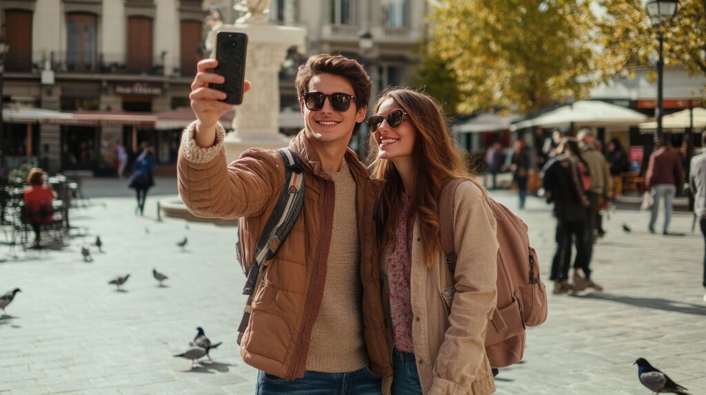 Junges Paar macht ein Selfie auf einem Stadtplatz