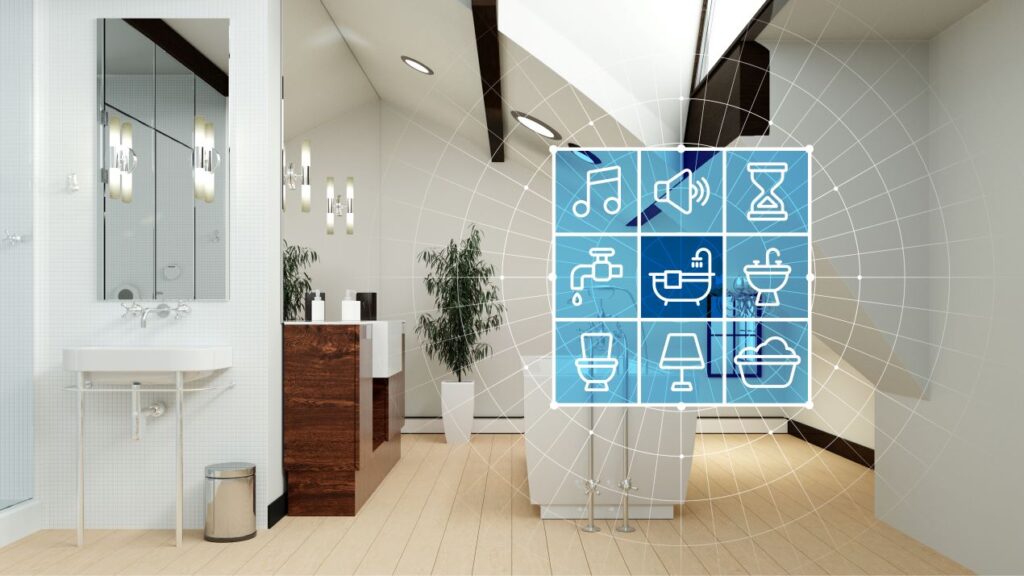 Ein modernes Badezimmer mit integriertem Smart-Home-System, visualisiert durch Symbole für Beleuchtung, Wassersteuerung und Lautsprecher, ideal für Geräte mit Eurosteckern