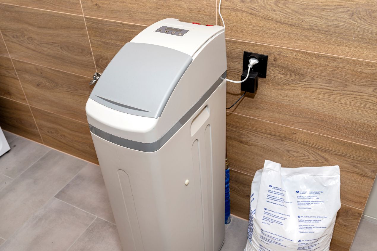 Kompakte Entkalkungsanlage mit Salzvorrat in modernem Haustechnikraum vor Holzwand installiert
